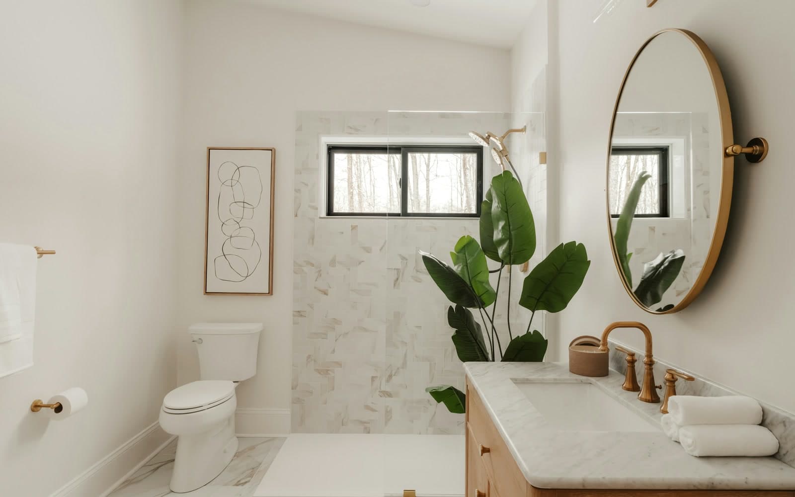 Bright, mould-free bathroom with a window in the tiled shower, a leafy plant, folded towels and a timber vanity