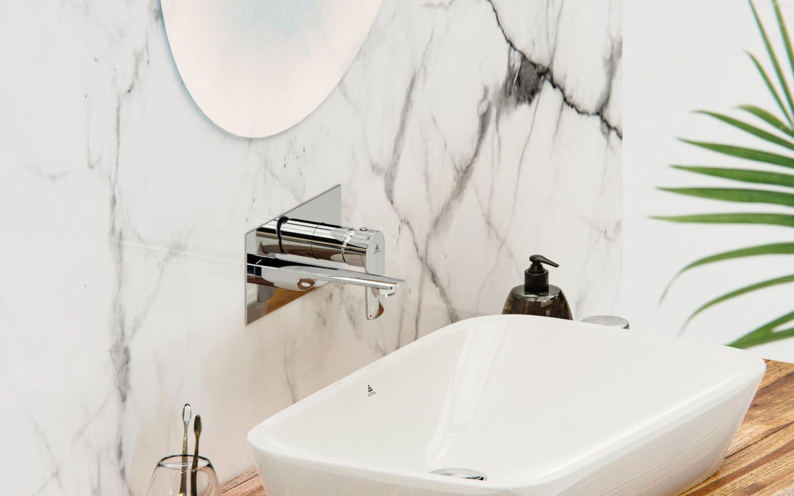White basin with a wall-mounted chrome tap against a white marble wall